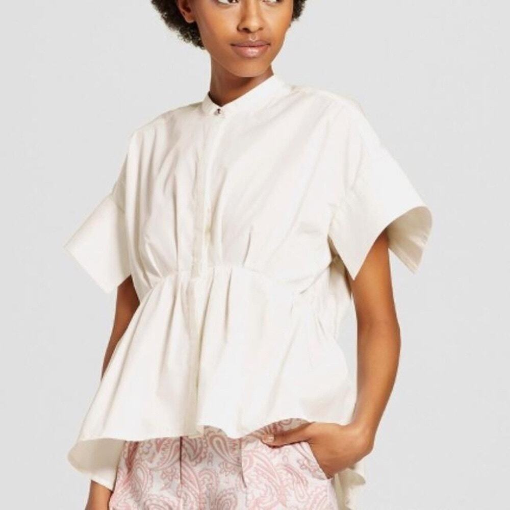 1X Plus Size Victoria Beckham White Poplin Gathered Waist Top Minimalist Blouse